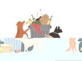 Stray dogs digging in trash flat style, vector illustration
