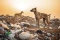 Stray dogs scavenge for food in a dump. Ai generated