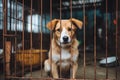 Stray homeless dog in animal shelter cage. Sad abandoned hungry dog behind old rusty grid of the cage in shelter for