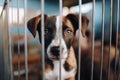 Stray homeless dog in animal shelter cage. Sad abandoned hungry puppy found the street waiting for owner. Pets adoption