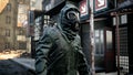 A stray man in military protective clothing and a gas mask is walking through the ruined city. The concept of a post