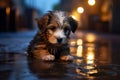 Stray puppy Getting Wet In Rain On the Road. Sad homeless puppy lying on the wet ground.