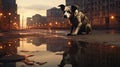 Stray street dog in the city. Lost hungry pet. Abandoned animal. AI Generated