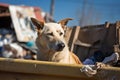 Stray street dog between trash in dumpster. Generative AI