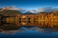 Strbske Lake, Slovakia - Panoramic view of reflecting iconic Strbske Lake on a sunny autumn afternoon with High Tatras Royalty Free Stock Photo