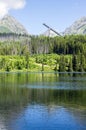 Strbske pleso, High Tatras mountains, Slovakia, early summer morning, nature reflections, skijump construction Royalty Free Stock Photo