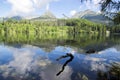 Strbske pleso, High Tatras mountains, Slovakia, early summer morning, nature reflections, skijump construction Royalty Free Stock Photo