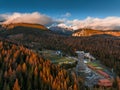 Strbske Pleso, Slovakia - Aerial view of the Strbske Lake area with autumn foliage, sightseeing tower and the High Tatras Royalty Free Stock Photo