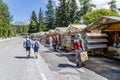 Strbske Pleso, Slovakia - July 16, 2023: Summer in High Tatras Mountains. People relaxing at souvenir market near Strbske Pleso Royalty Free Stock Photo