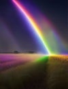 a streak of rainbow light in a corn field at night illustration Royalty Free Stock Photo