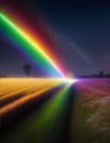a streak of rainbow light in a corn field at night illustration Royalty Free Stock Photo