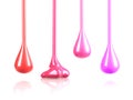 Streaks of multi-colored nail polish or paint in the form of drops on white background. Nail polish dripping. Liquid