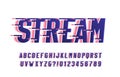 Stream alphabet font. Wind effect letters and numbers. White background.