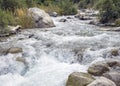 Stream with clear transparent water in the mountains. Water source. Mineral water