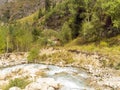 Stream with clear transparent water in the mountains. Water source. Mineral water