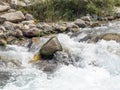 Stream with clear transparent water in the mountains. Water source. Mineral water