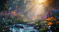 A stream flowing in the forest, green vegetation all around and colorful flowers, falling bright, warm rays of the sun. Flowering Royalty Free Stock Photo