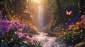 A stream flowing in the forest, green vegetation all around and colorful flowers, falling bright, warm rays of the sun. Flowering Royalty Free Stock Photo