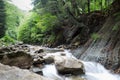 Stream flowing through the forest from the mountain slope. Big stone in the water Royalty Free Stock Photo