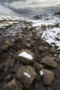 Stream flowing through snow covered Winter landscape in mountain