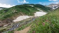 The stream flows along a rocky bed among green hills. Royalty Free Stock Photo