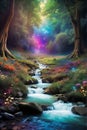 A stream flows through an enchanted forest. Fantasy landscape. Royalty Free Stock Photo