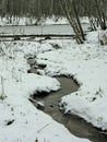 The stream flows into a frozen pond Royalty Free Stock Photo