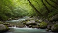 A Stream In A Forest With Rocks And Trees