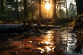 a stream in a forest at sunset Royalty Free Stock Photo