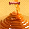 Stream of golden caramel on a waffle yellow background. High detailed realistic illustration