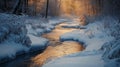 A Stream of Golden Light in a Snowy Winter Forest Royalty Free Stock Photo