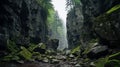 Misty Gothic Canyon: Uhd Image Of Tranquil Landscapes With Sharp Boulders