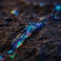 A stream of iridescent liquid flows over a textured, dark surface. The liquid reflects Royalty Free Stock Photo