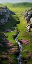 Stunning Stream In Green Hilly Landscape With Pink Flowers