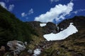 Stream of melt fresh water runs along slope of solidified lava, disappearing under snow and reappearing