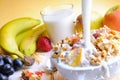 Stream of milk falling into a bowl of cereal and fruits Royalty Free Stock Photo