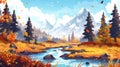 Stream near meadow and falling leaves from trees in autumn forest and mountain nature modern cartoon landscape. Orange Royalty Free Stock Photo