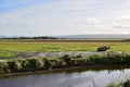 Stream old farm machinery agriculture ripples blue skies fields green bright cold day in the sun