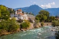 The stream Passirio and the Kurhaus building in Merano, south Tyrol, Bolzano province, Italy