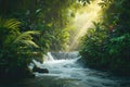 A stream peacefully flows through a dense and vibrant green forest, Wild river coursing through an exotic rainforest, AI Generated