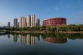 The stream reflects the Putian Museum of China in the evening