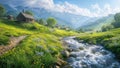 Stream run through mountain by a village, charming green rural scene, realistic swiss style landscapes, blue skies with clouds.