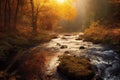 a stream running through a forest filled with trees and leaves in the fall sun rays coming through the trees