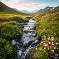 A stream running through a lush green valley. Generative AI image. Royalty Free Stock Photo