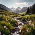 A stream running through a lush green valley. Generative AI image. Royalty Free Stock Photo