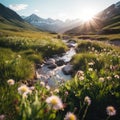 A stream running through a lush green valley. Generative AI image. Royalty Free Stock Photo