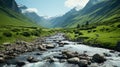 A stream running through a lush green valley. Generative AI image. Royalty Free Stock Photo