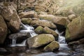 Stream running through rocks waterfall. Longe exposure motion blur tranquil Peak District outdoors river stones Royalty Free Stock Photo