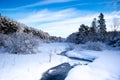 Stream running through a snow covered Wisconsin forest with snow covering the trees in January and a blue sky Royalty Free Stock Photo