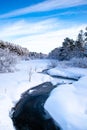 Stream running through a snow covered Wisconsin forest with snow covering the trees in January Royalty Free Stock Photo